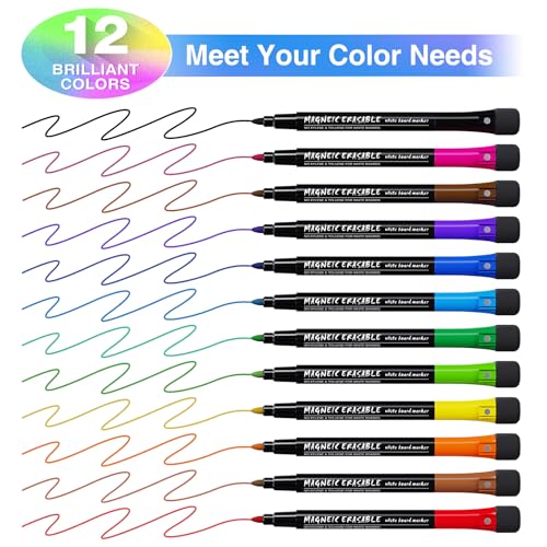 Magnetic Dry Erase Markers Fine: 12 Colors Erasable Whiteboard Markers Fine Point with Eraser Cap, Low Odor White Board Dry Erase Pens Fine Tip for Kids & Teachers, Home, Office and School Supplies