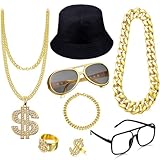 THOAML 80s 90s Hip Hop Costumes Outfit for Men, ﻿8 Pcs Fake Gold Chain Money Sign Necklace Sunglasses Hat, Dollar Sign Finger Ring for Men Women Rapper Jewelry Accessories