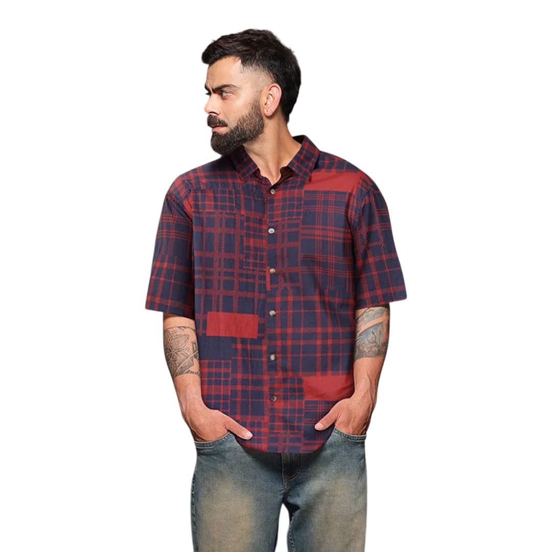 WROGN Men's Cotton Shirt | Patchwork Check Design | Comfort Fit in neutral