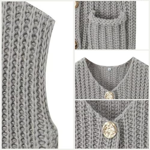 Image of Women's Sleeveless Chunky Knit Cardigan V-Neck Button Down Vest Casual Loose-Fitted Crochet Sweater with Pockets 2024