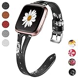 flores negras acordes los nocheros Bandas de cuero genuino para Fitbit Versa / Versa 2 / Versa Lite / Versa Edición especial (solo correa de reemplazo: el reloj inteligente Fitbit NO está incluido)