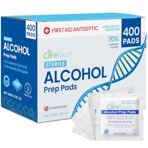 Image of Care Touch Alcohol Prep Pads - 400 Count Alcohol Wipes Individually Wrapped, 1.18x2.36 Inches - 70% Isopropyl Swabs for Home, Medical, or First Aid Kits - Sterilized 2-Ply Pads