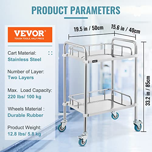 VEVOR Servierwagen Edelstahl Serving Lab Trolley 2 Böden Laborwagen Tragbar Abräumwagen Medical Dental Lab Cart Transportwagen Rollwagen Medizinisch Universalräder Zwei Fußbremsen Breite Anwendung