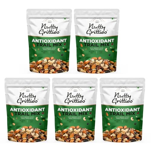 Image of NUTTY GRITTIES Antioxidant Trail Mix 1Kg|21 Superfoods In 1 Mix|Almonds,Hazelnuts,Brazil Nuts,Berries,Dry Dates,Chia Seeds,Pumpkin Seeds Mixed Dry Fruits|Resealable Pouch (Pack Of 5,Each 200G)