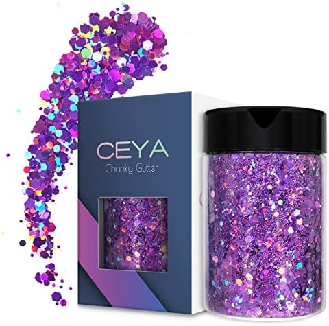 Ceya Holographic Chunky Glitter, 4.2oz/ 120g Light Purple Craft Glitter Powder Mixed Chunky & Fine Flakes Iridescent Nail Sequins for Nail, Hair, Epoxy Resin, Tumblers, Slime, Painting, Festival Decor