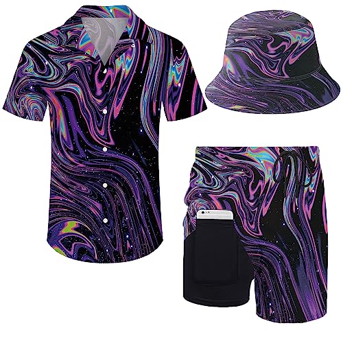 ZePinger Conjunto de camisa y pantalones cortos de los años 80 para hombre, 2 piezas, traje de los años 80 y 90, con botones y sombreros de cubo, Trippy psicodélico negro, XX-Large