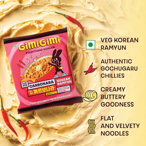 Image of GIMI GIMI - Veg Carbonara, 135g | Veg Korean Ramyun | Authentic Gochugaru Chillies | Thick & Bouncy Noodles