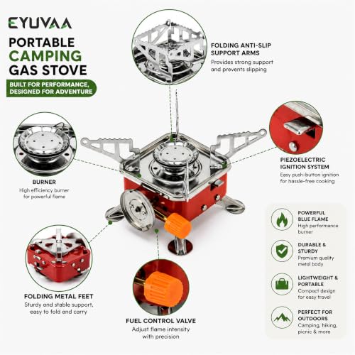 Image of EYUVAA LABEL Alloy Steel Portable Gas Stove for Travel with Butane Gas Cylinder, Folding Furnace Outdoor Camping Stove, Lightweight Gas Burner for Hiking and Emergency Use (Stove + 2 Butane Refill)
