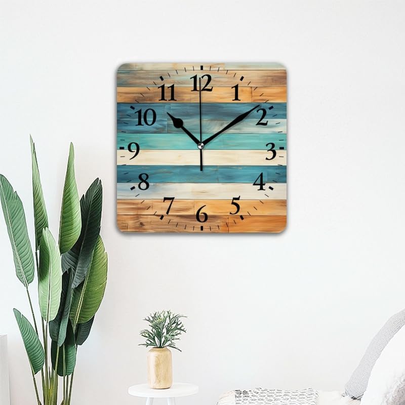Battery Operated Wall Clocks Wooden Wall with Horizontal Stripes Silent Non-Ticking Decor Clock with Photo for Bathroom,Office(14inch)