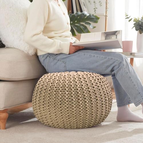 Image of Amazon Brand - Umi Round Hand Knitted Cotton Ottoman Puff Pouffe for Living Room, Cappuccino, 40x40x30 cm, Pack of 1