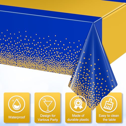 Image of 12Pcs Blue Gold Tablecloth Party Decorations,Plastic Royal Blue Table Cloth Printed Gold Tables Runner Disposable Rectangle Table Cover for Birthday Anniversary Wedding Graduation Party,54 x108 Inch