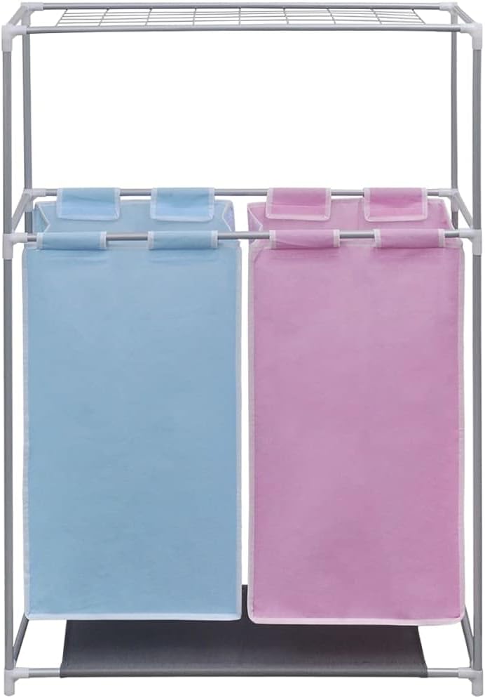 2-Section Laundry Sorter Hamper with Storage Shelf, Durable Iron Frame Clothing Organizer for Bathroom and Bedroom, Removable Washable Polyester Bags, Multicolor