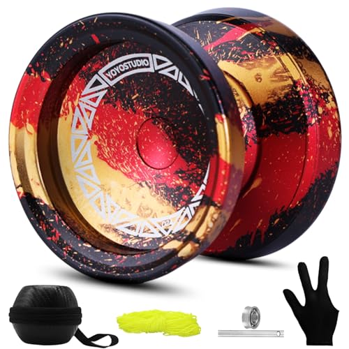 YOYOSTUDIO D24 Professional Finger Spin Yoyo, Responsive & Unresponsive Yoyo for Kids 8-12 and Adults, Complete Kit with Bearing Kit, 10 Strings, Case & Glove - Black Red Gold