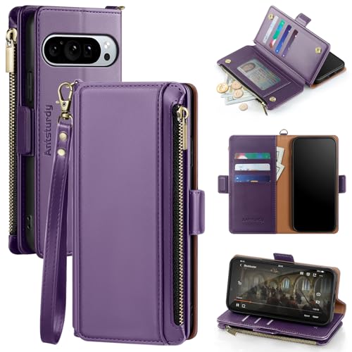 Antsturdy Compatible with Google Pixel 10 Pro XL 5G Wallet Case with Card Holder Women Men Phone Case RFID Blocking PU Leather Flip Protective Cover Wrist Strap Zipper Credit Card Slots Purple