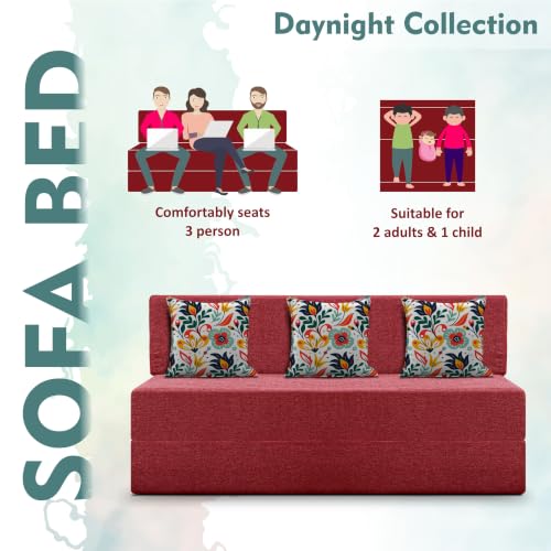 Image of Los Angeles Foldable Three Seater Sofa Cum Bed, Sofa Bed 5 X 6 Feet Jute Fabric Washable Cover- Including Cushion Perfect for Living Room - Red