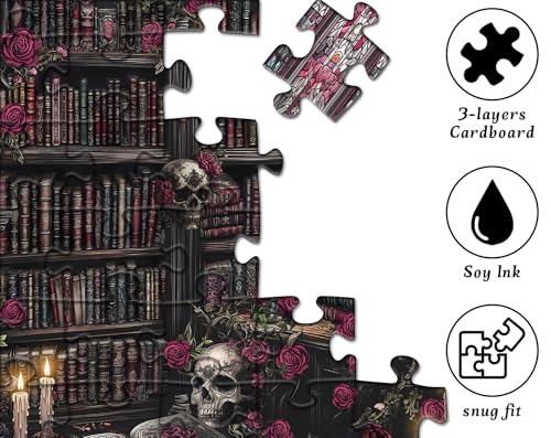 Rompecabezas Vintage de Halloween de 1000 piezas para adultos, rompecabezas gótico de cráneo, estantería de libros y flores, estilo biblioteca oscura miniatura 4