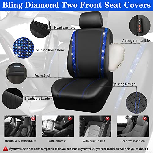 Image of CAR PASS Bling Diamond Car Seat Covers Full Set, Shining Rhinestone Waterproof Faux Leather, Rear with Zipper, Universal Fit Automotive Glitter Crystal Sparkle Strips for Cute Women Girl, Blue