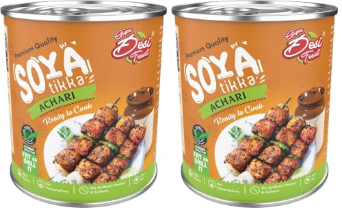 Image of Desi Treat Achari SOYA Tikka - Ready to Cook | High Protein Vegetarian Snack with Tangy Pickle Spices | Quick & Easy Indian Starter for Parties, BBQ & Everyday Meals - 800g Pack (Pack of 2)