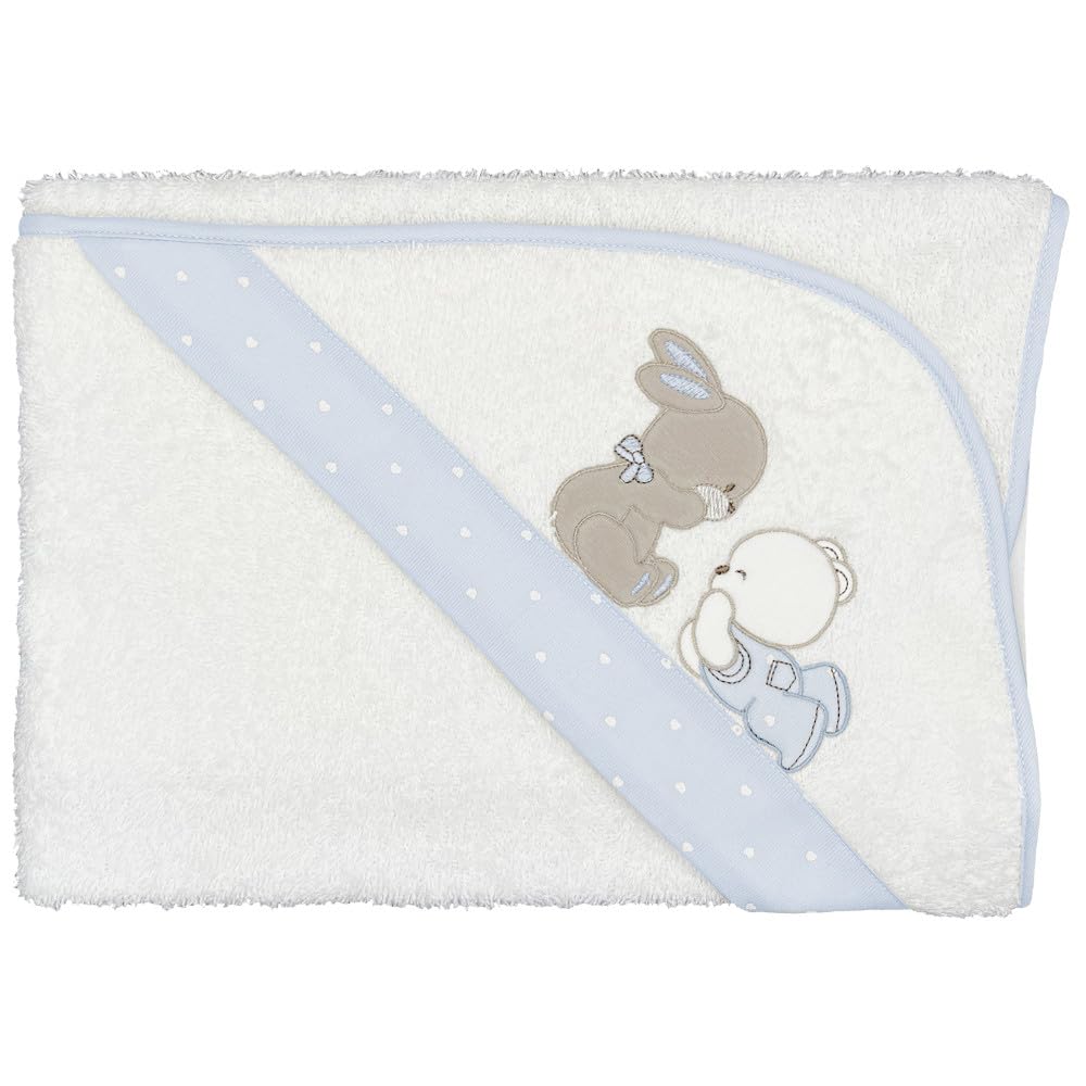 Accappatoio Neonato Bagnetto Poncho Cappuccio Triangolo Morbido Telo Asciugamano Assorbente Bambini Idea Regalo Neonati Made Italy Infanzia Morbida Spugna Cotone (Serie “Sempre amici” Cielo)