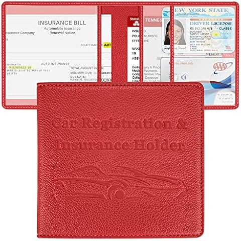 New Fashion Kingdom Car Registration and Insurance Holder, Premium PU Leather Vehicle Glove Box Car Organizer Men Women Wallet Accessories Case for ID, Driver's License - Red Cover