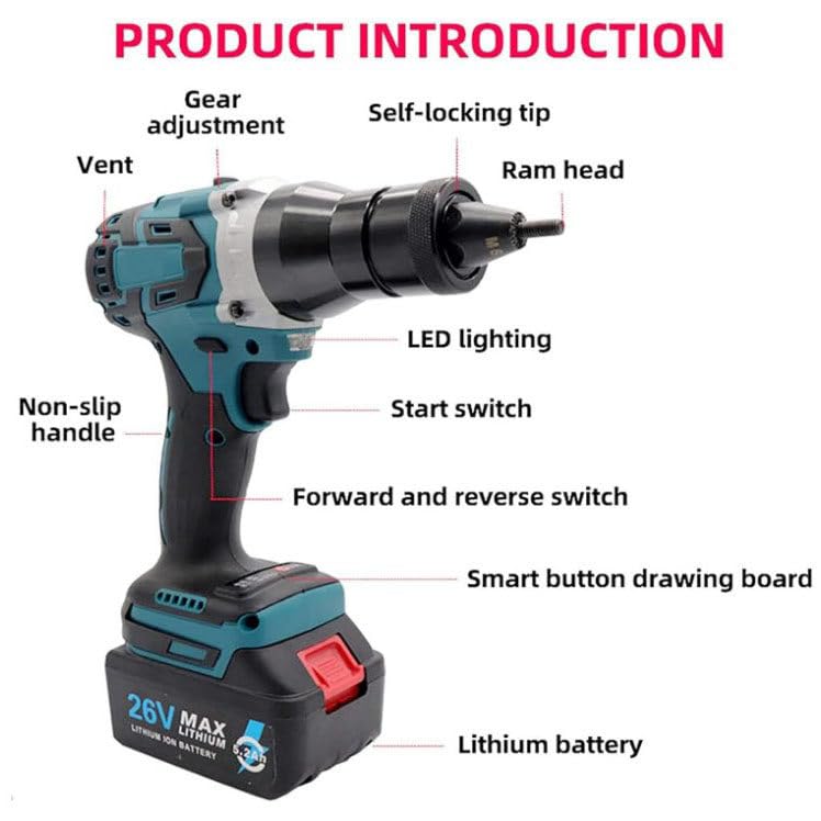 Pistola remachadora eléctrica inalámbrica, pistola remachadora eléctrica con baterías de 26 V Pistola remachadora profesional para aluminio/hierro, tuercas remachadoras M3/M4/M5/M6/M8/M10/M12,2200mAh