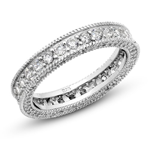 Metal Factory 925 Sterling Silver Cubic Zirconia CZ Vintage Milgrain Eternity Band Ring