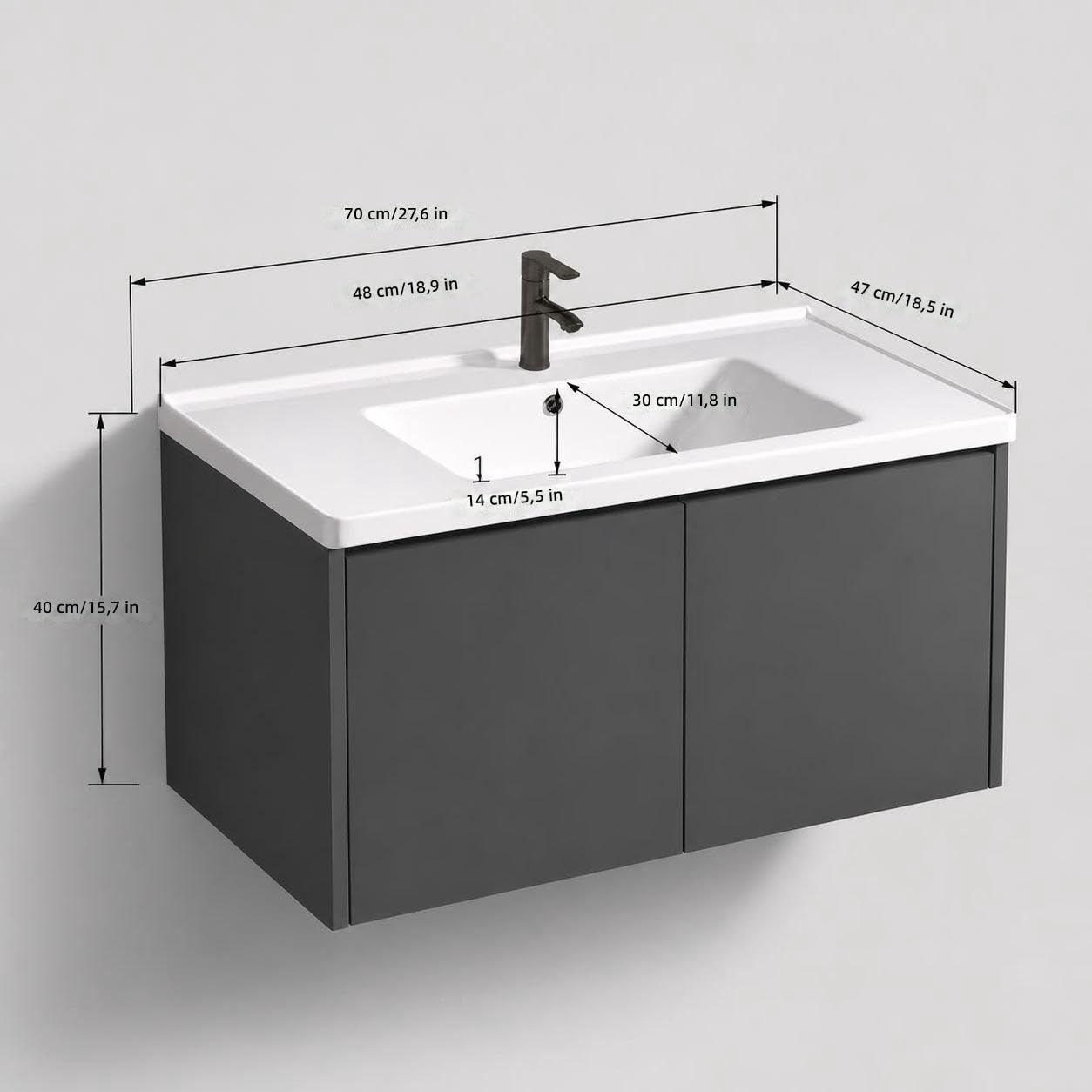 Set Mobile da Bagno sospeso con lavabo in Ceramica, mobiletto Resistente all'umidità in plastica e Acciaio, Specchio Contenitore Intelligente Illuminato per Trucco e Cosmetici