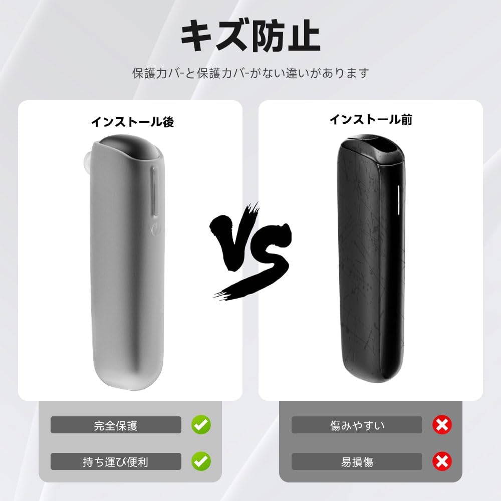 製品説明画像。装着例と紛失防止フックの使用イメージが示されている。