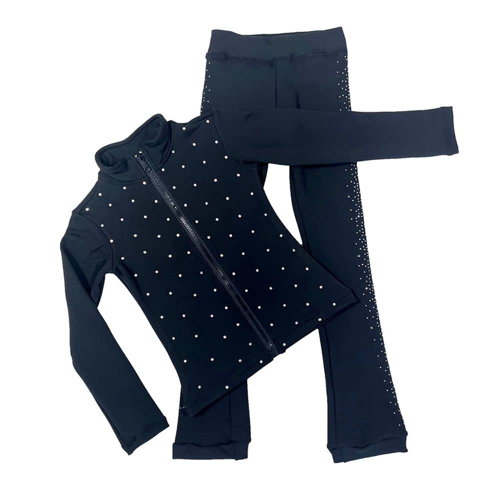 LIUHUO Figure Skating Pants Jackets Sets Training Wear Girls Black Shiny Rhinestone Sets