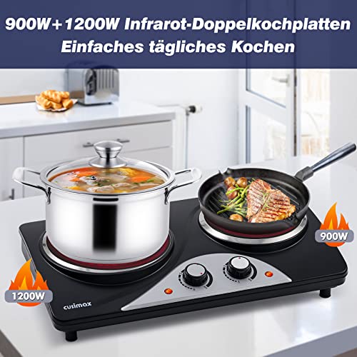 Doppelkochplatte, CUSIMAX 2100W kochfeld 2 platten mit Infrarot-Wärme, mobile herdplatte 2 kochfelder für camping, Edelstahl kochplatten 2er elektrisch mit einstellbarer Temperatur, Schwarz – Bild 3