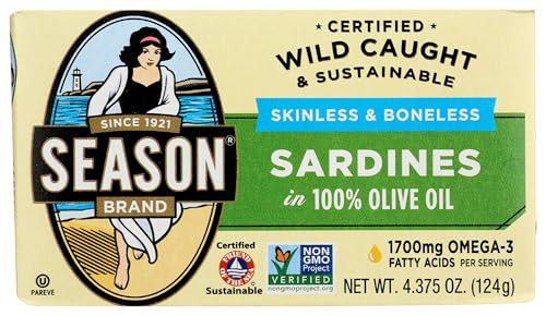 Season Brand Skinless and Boneless Sardines in Olive Oil, 4.375 oz ~ 1 pack