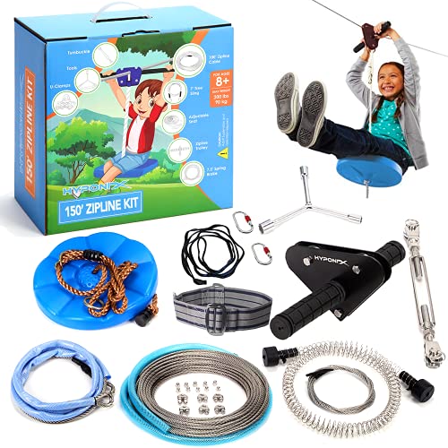 Hyponix 150'/100' Zipline Kits for Backyard for Adults / Kids - 100% Stainless Steel - Zip Line - Backyard Zipline Kit for Kids - Zipline Kit - Zip Line Kit - Zip Lines for Backyard Kids and Adults
