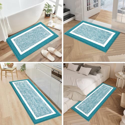 Pauwer Bathroom Rugs Sets 3 Piece Bathroom Shower Rugs with U-Shaped Contour Toilet Mat Absorbent Microfiber Plush Bath Mats Non Slip Bath Rugs Machine Washable Shaggy Bathroom Floor Mats, Aqua Blue