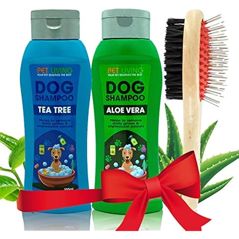 Dog Shampoo & Dog Brush | COMBO PACKAGE DEAL | 3 in 1 Dog Grooming Kit | Aloe Vera and Tea Tree Shampoo | Pet Hair Remover Pet Shampoo Dog Brushes for Grooming with 2 Dog Shampoos (Mix Combo (Wooden)) Cover