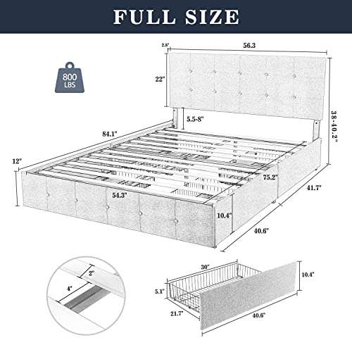 Allewie Full Upholstered Storage Bed Frame With 4 Drawers & Adjustable Headboard, Square Stitched Button Tufted Design, Mattress Foundation, Light Grey #TOP1