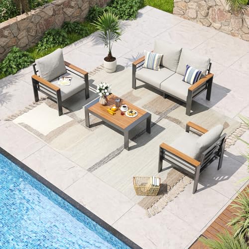 Image of Aoxun Aluminum Patio Furniture Set 4 Seats, Oversized Outdoor Sectional with Washable Thick Cushions, Coffee Table, Patio Conversation Sets for Porch, Balcony, Deck
