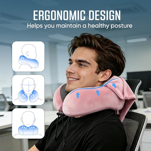 Image of SkytraxComf Travel Neck Pillow with Hood for Privacy on Long Flights | Memory Foam | Airplane Sleep | Safety-Tested Materials | Extra Large Hood | Chin Support | Earplugs | Washable Cover
