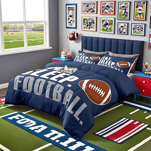 Image of Feelyou Football Comforter Set for Boys Full Size Sports Bedding Set American Football Lover Navy Blue Ball Games Quilt Bed Teens Rugby Bedroom Decor 3Pcs