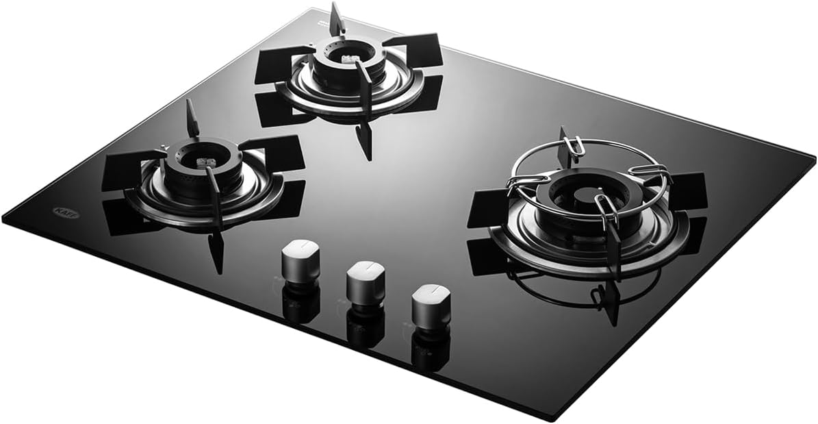 KAFF HBR 603 Built-in Hob/Hobtop 3 Burners, Auto Electric Ignition Glass Top, 60 CM, Powerful Brass Burners, 8 MM Thick Toughened Glass, Enamelled Matt Grills (Black)