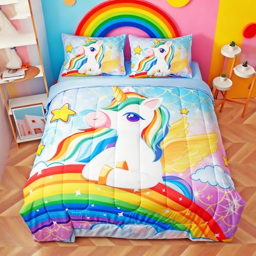 Image of Unicorn Bedding Twin Size for Girls - 5-Piece Kids Twin Comforter Set with Sheets, Pillowcase & Sham, Rainbow Pink Bed in a Bag