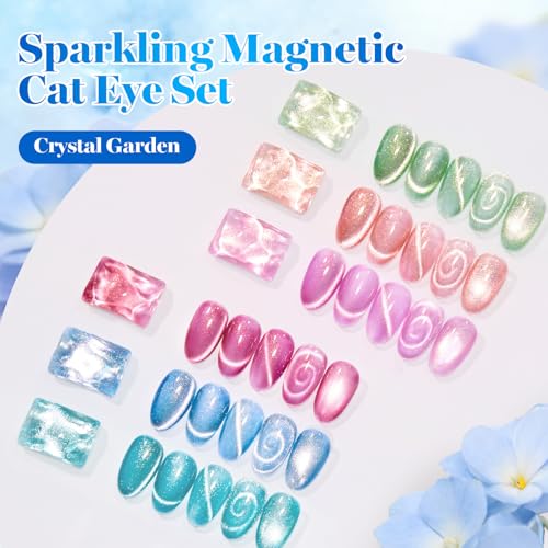 Image of Beetles Crystal Garden Cat Eye Gel Nail Polish Set - 6 Colors 15ML Full Size Spring Gel Polish Kit Glitter Pink Blue Orange Green Magnetic Effect Soak Off UV Nail Art DIY Manicure Gifts for Women