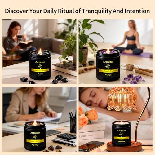Image of Scented Candles Set, 4 Pack Crystal Healing Candles with Rose Quartz Amethyst Tiger Eye Obsidian, 7oz Natural Soy Wax Candles, Lavender Citrus Sandalwood Cedar, Meditation Gifts for Women Men