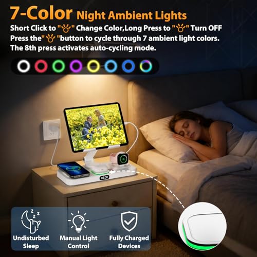Image of 30W Charging Station for Apple Products, Foldable Wireless Charger with Clock Display&7 Color Light, Wired Charging for iPad /Tablet Charging Station for iPhone16, for Apple Watch10 for AirPods4(Cream