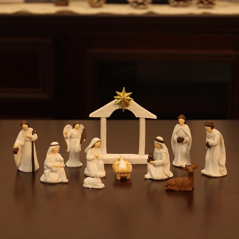 MEETYAMOR Weihnachtskrippe Sets für Weihnachten Innen, 11 Stück Harz Krippe Figuren Set für Weihnachten Dekor, Weihnachtsdekorationen Innen für Home Tisch Kaminsims Küchenregal