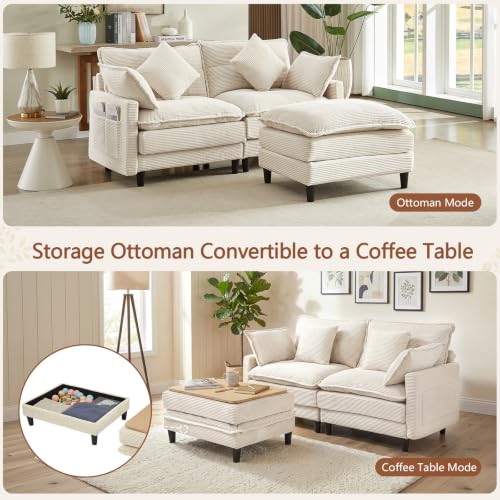 Image of 73.5 inch L-Shaped Cloud Sofa, Modular Sectional Couch with Ottoman Coffee Table, Corduroy Deep Seat Loveseat with Pillow, Comfy Modern Couch for Living Room Bedroom Apartment, Cream