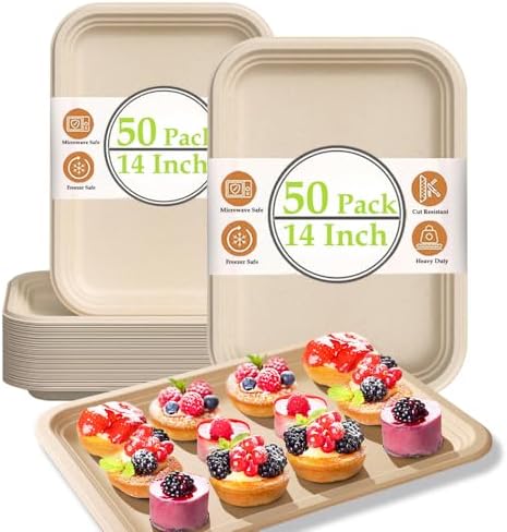 50 Pack 14 Inch Disposable Food Trays Heavy Duty, Large Paper Pla...