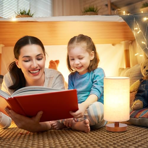 Image of Fenmzee Small Table Lamp for Bedroom - Inline Control, Bedside Lamp with 3000K A15 LED Blub, Easy Assembly (Beige Shade - Walnut Base, 9 inch Inline Control)
