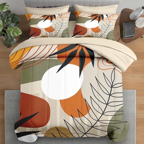 Pamnest Comforter Set Queen Size, Leaves Flower Summer 7 Pcs Bedding for Kids and Adults, Spring Leaf Floral Bed Sheet Sets with Fitted Sheet 2 Pillowcase & 2 Sham for Bedroom Bed Decor