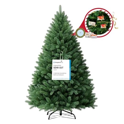 COMHOMA Sapin de Noël Artificiel Haut de Gamme 195 cm avec Support, Christmas Tree Branches épaisses, Aspect Naturel - Inclut Cartes DIY et Rubans,Vert