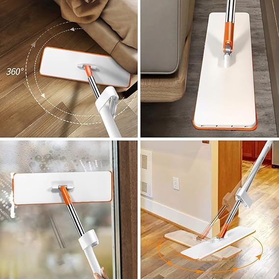 Image of Veloxi Flat Microfiber Magic Mop for Floor Cleaning | Hands-Free Self Squeeze Mop with Stainless-Steel Handle & Washable Microfiber Refill (O Mop)
